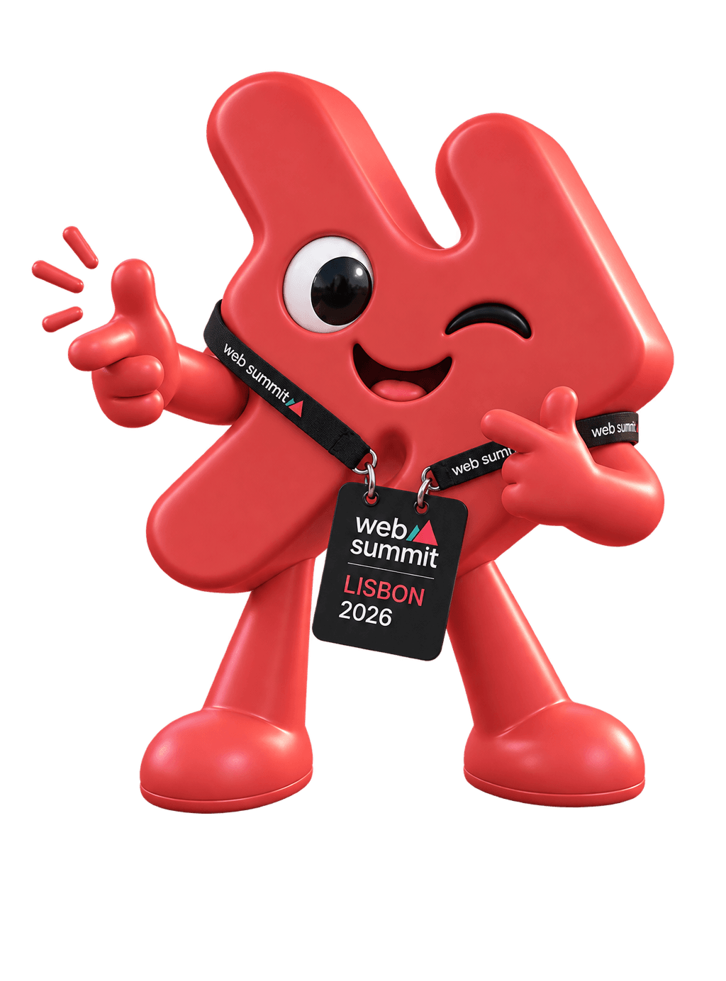 The PitGrowth mascot wearing a Web Summit Lisbon 2026 attendee badge